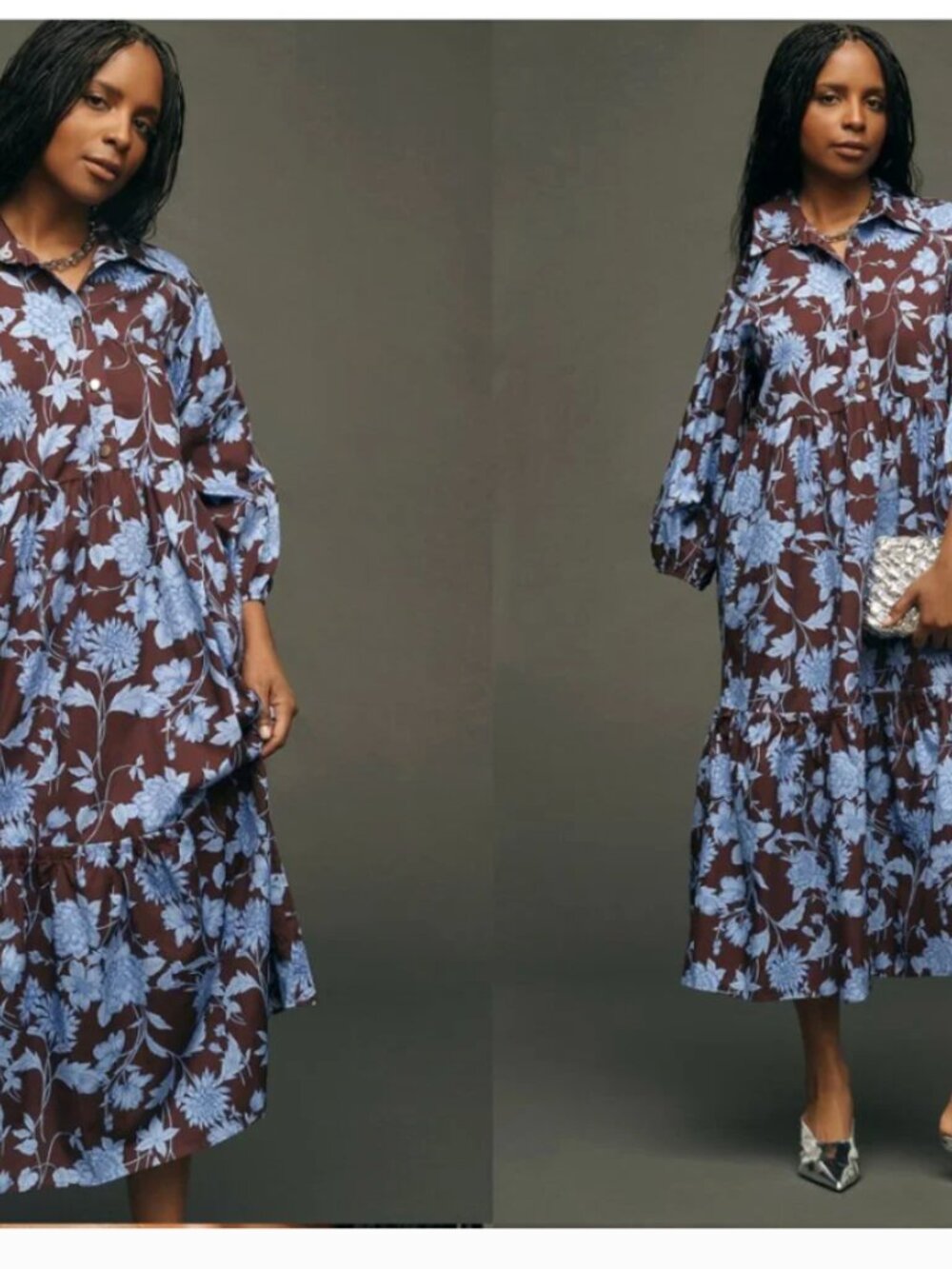 Anthropologie Maeve The Bettina Tiered Shirt Dress Maroon Blue Floral 100%Cotton